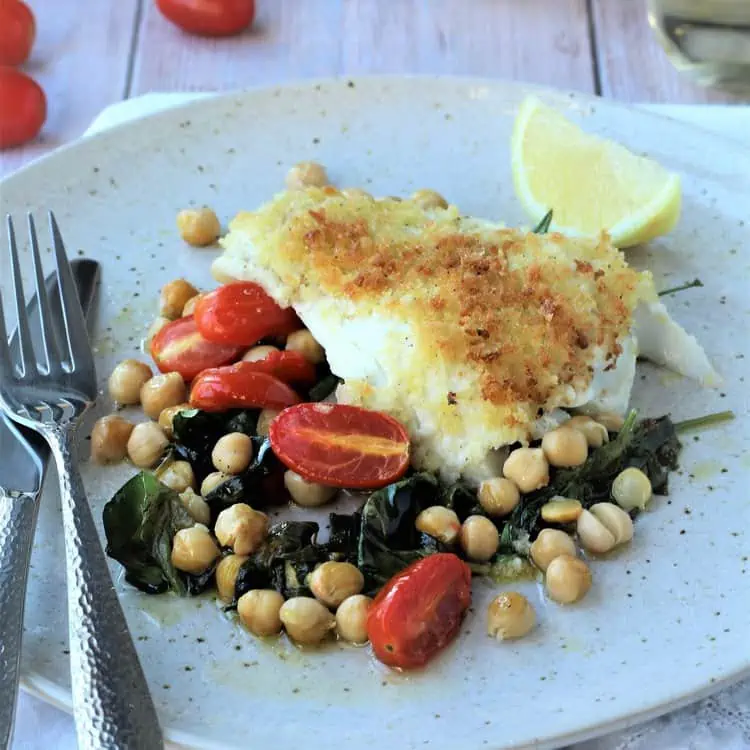 Oven baked fish with breadcrumbs.