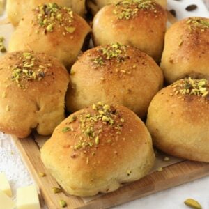 Mortadella, pistachio and mozzarella stuffed rolls.
