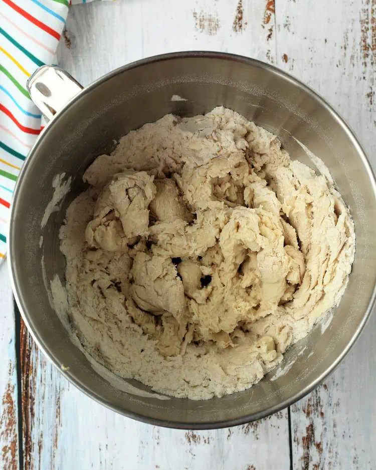 Shaggy cartocci dough in stand mixer bowl.