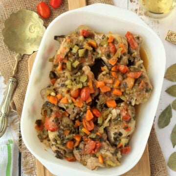SIcilian chicken in sweet and sour chicken in baking dish.
