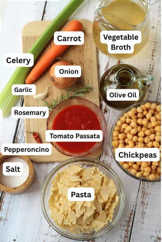 Chickpeas, pasta, tomato passata, salt, carrot, celery, onion, rosemary, garlic, olive oil and salt.