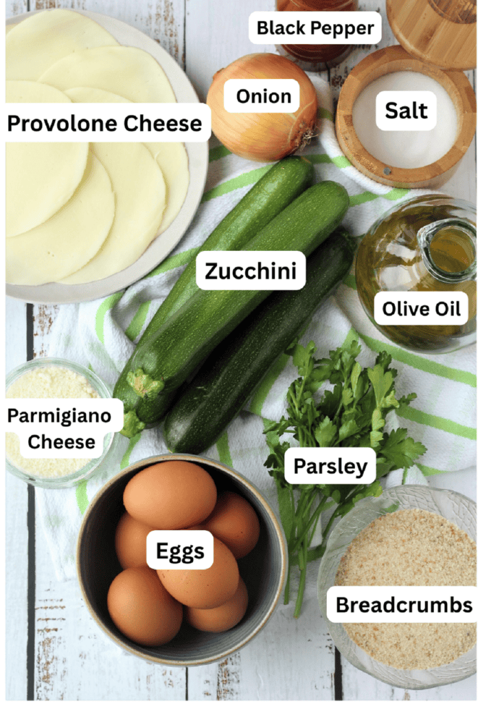 Zucchini, eggs, provolone, breadcrumbs, grated cheese, parsley, salt and pepper.