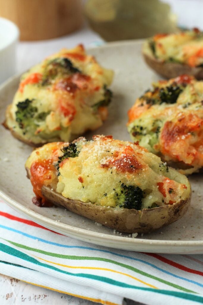 Broccoli, carrot and cheese stuffed baked potatoes.