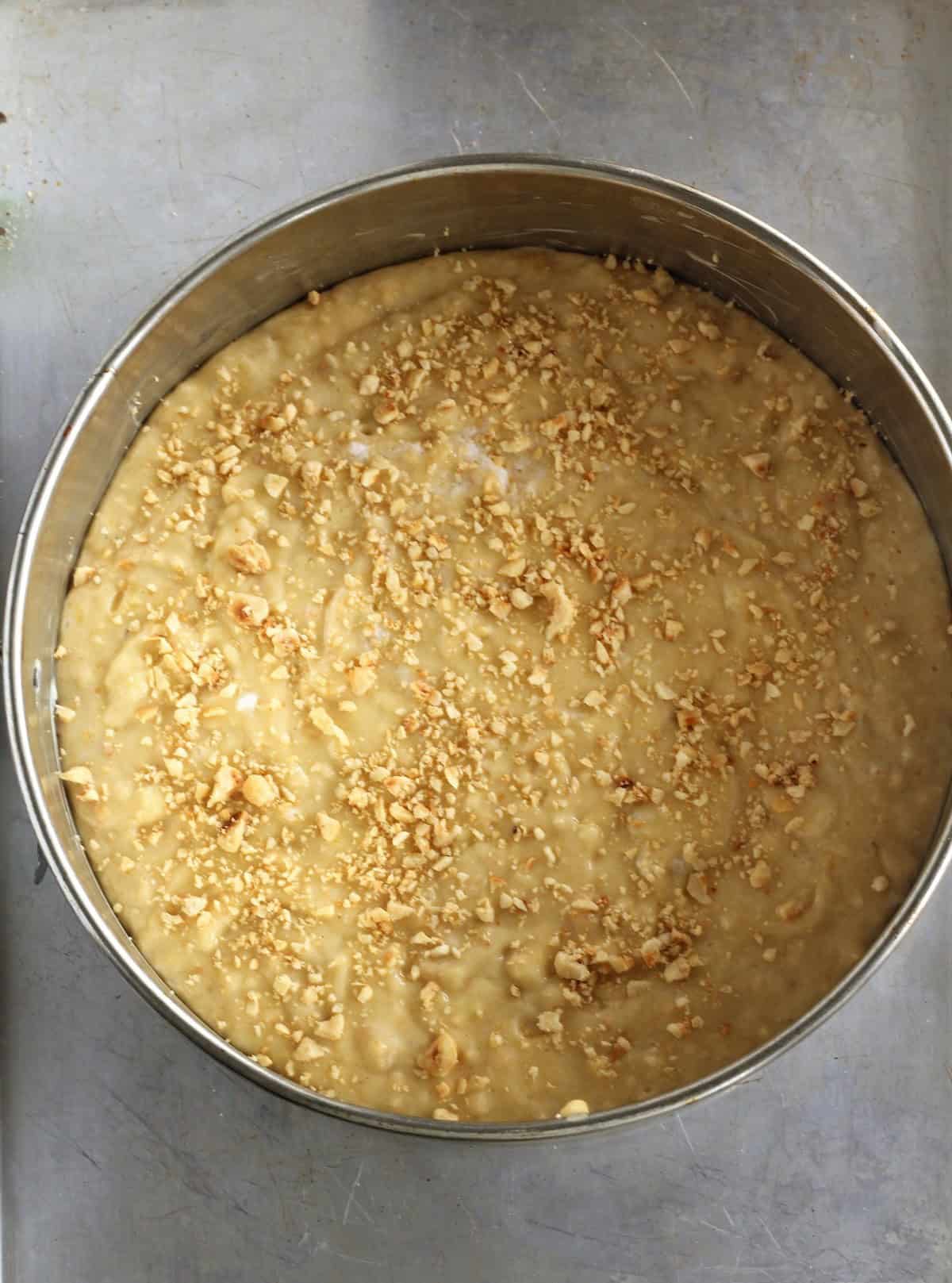Sicilian hazelnut cake batter in spring form pan.