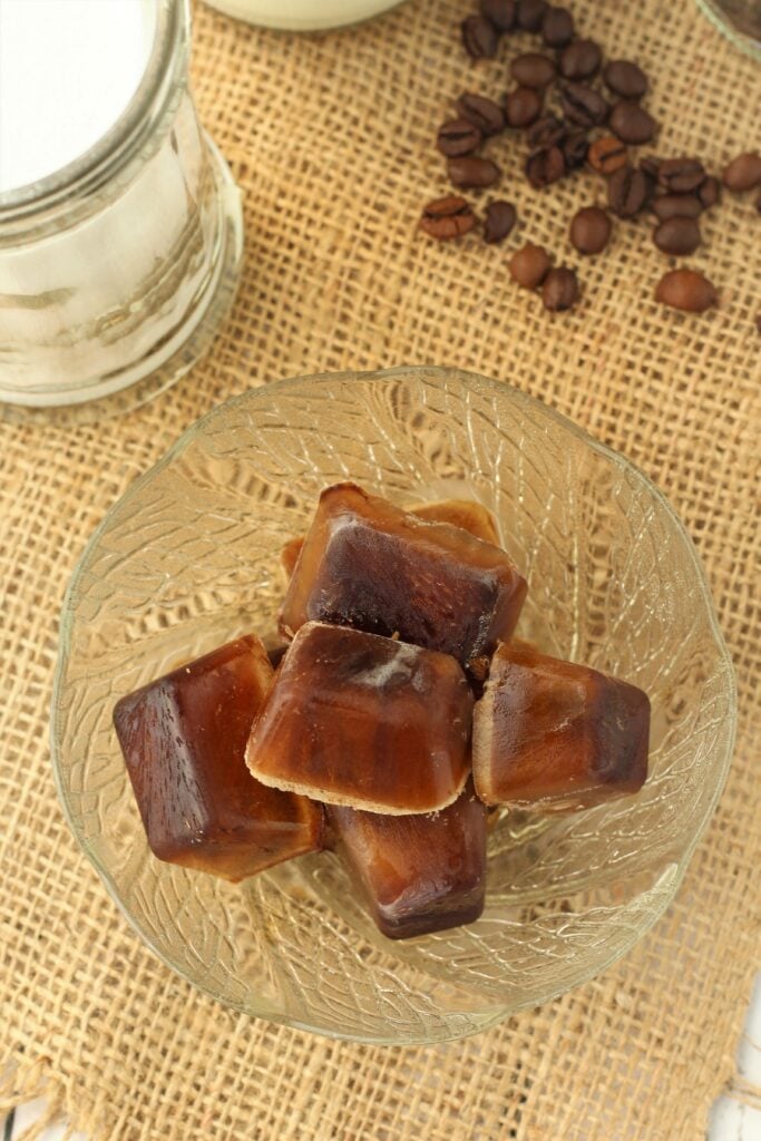 Coffee ice cubes in bowl.