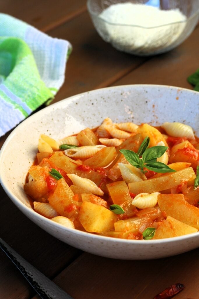 Bowl of cucuzza soup with pasta.