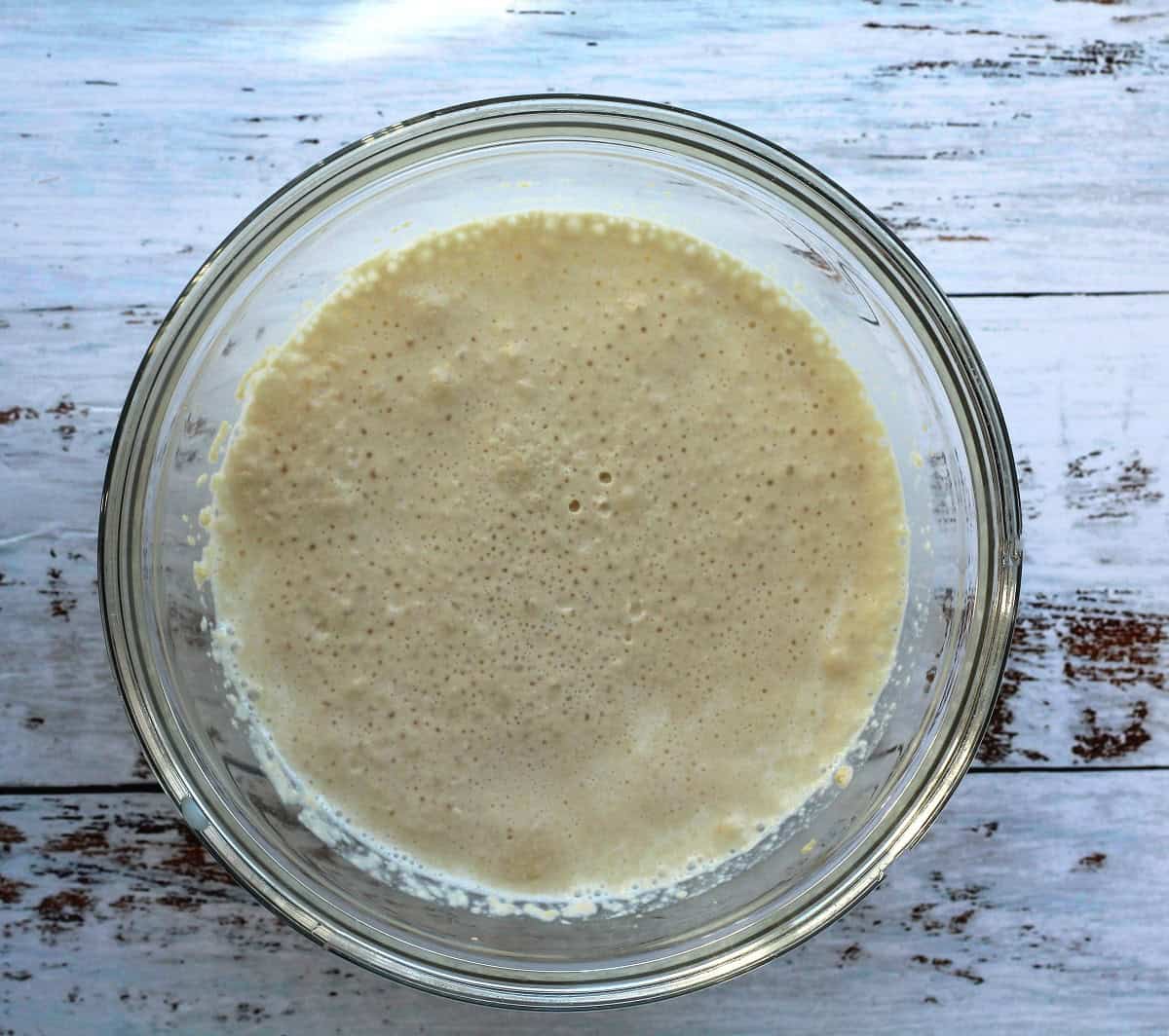 Proofed yeast in glass bowl for ravazzate.