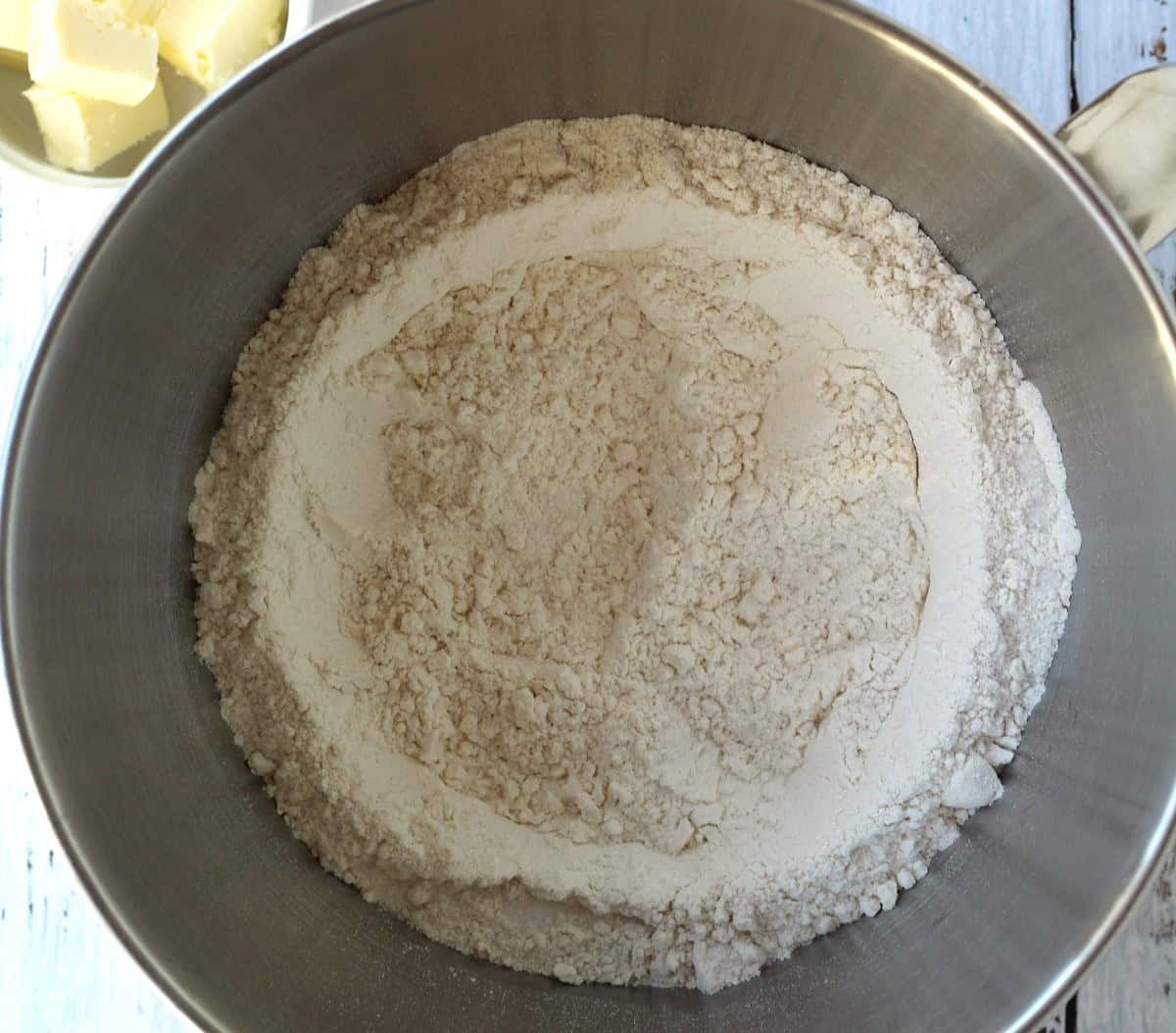 Dry ingredients in food processor bowl for ravazzate brioche dough.