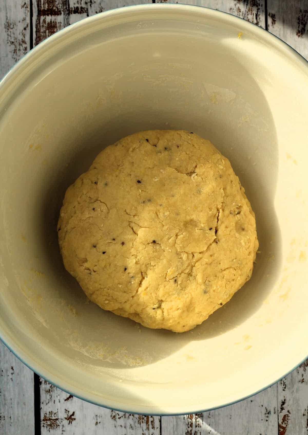 Sicilian lemon anise taralli cookie dough in mixing bowl.