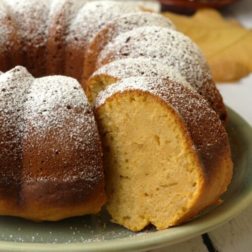 Italian squash cake with wedge cut.