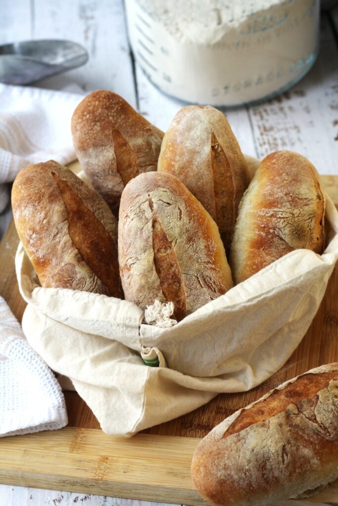 No knead Italian panini bread in cloth bread bag.