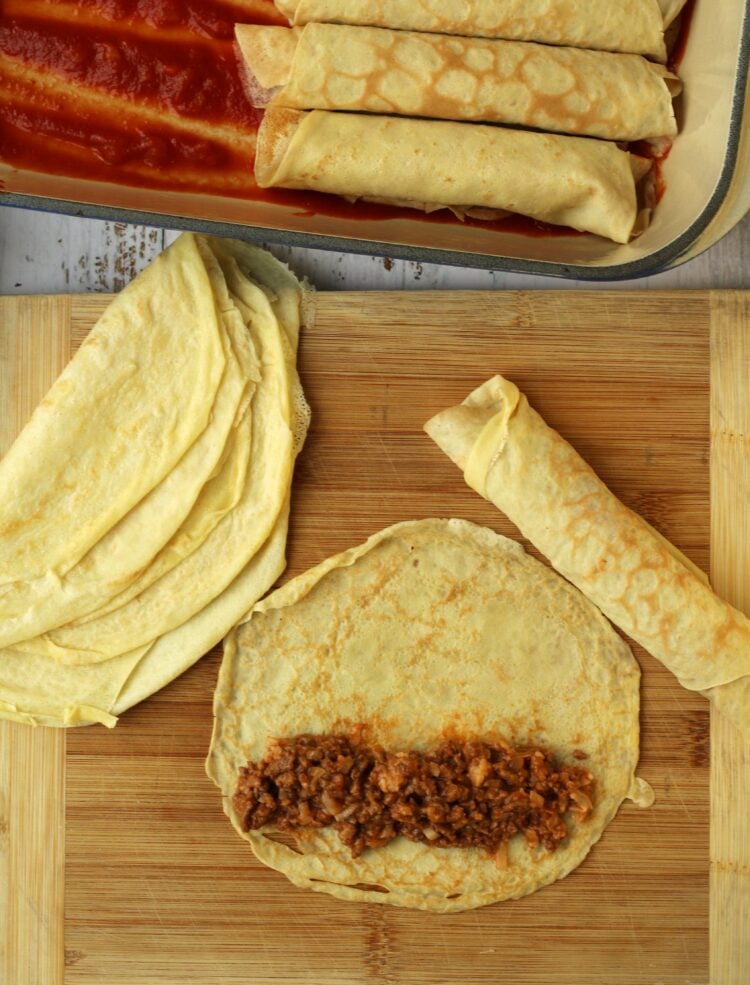 Italian crepes filled with meat mmixture.