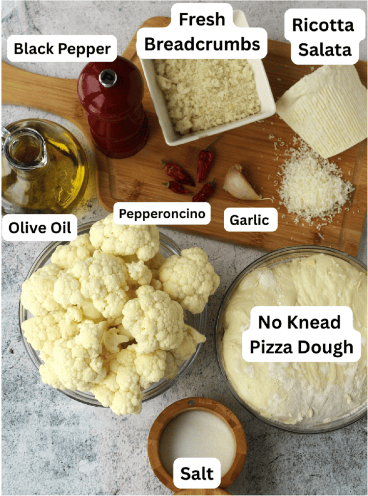 Cauliflower, pizza dough, breadcrumbs, ricotta salata, garlic, pepperoncino, olive oil, salt and pepper.