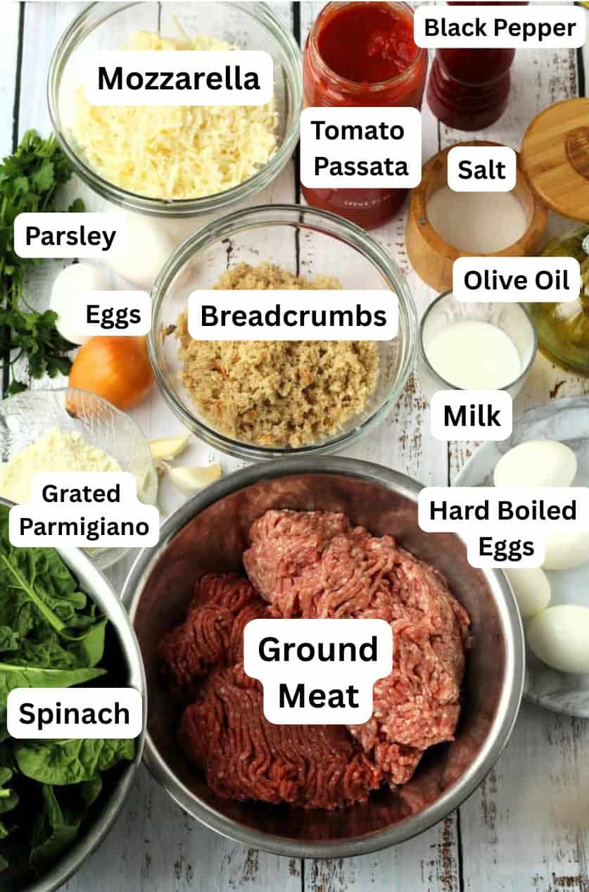 Italian meatloaf stuffed with spinach and hard boiled eggs ingredients.