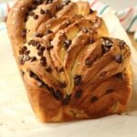 Chocolate chip covered brioche bread loaf.