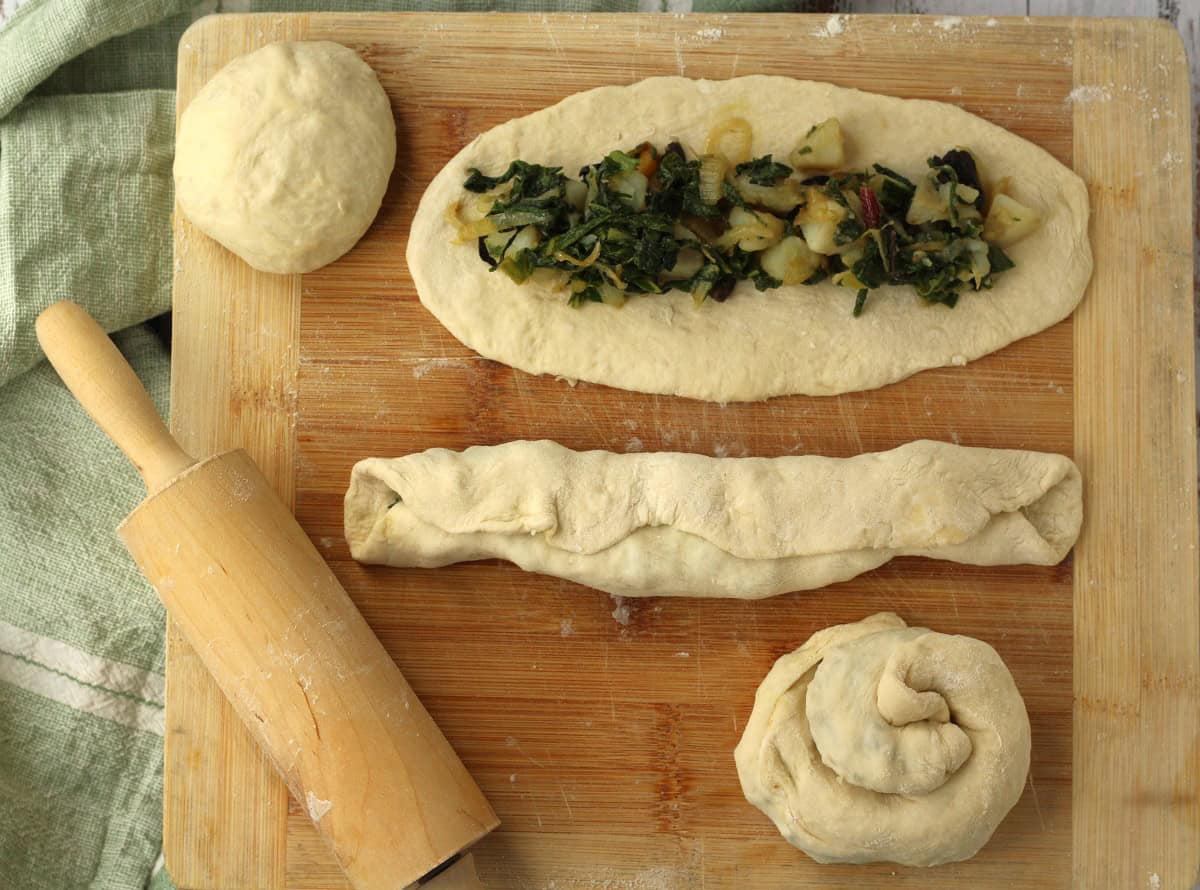 How to shape swiss chard and potato filled bignolati into rolls.