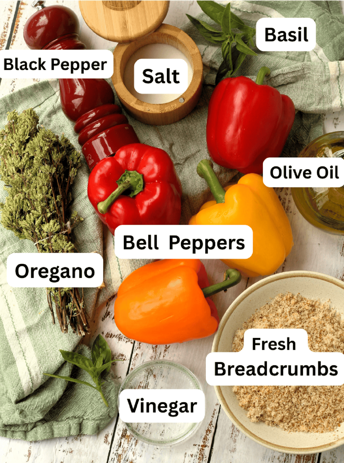 Peppers, basil, olive oil, breadcrumbs, vinegar, oregano, salt and pepper.