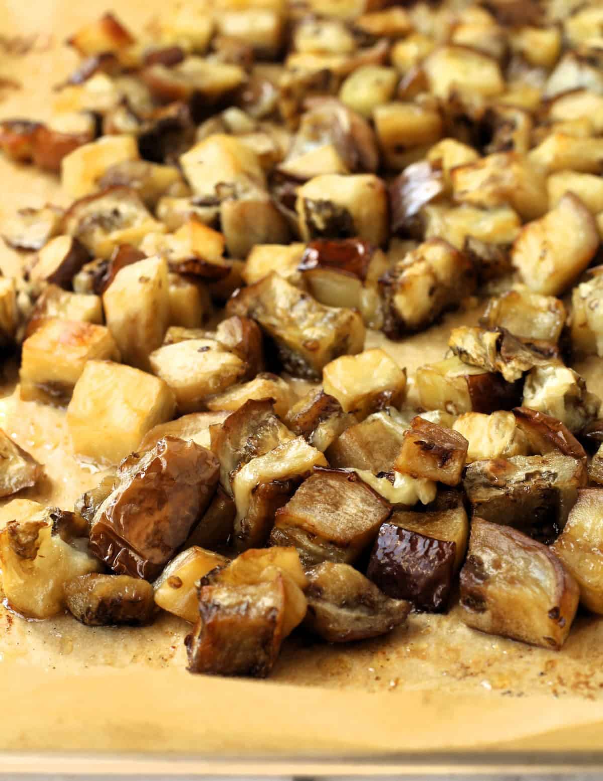 Roasted eggplant cubes for caponata.
