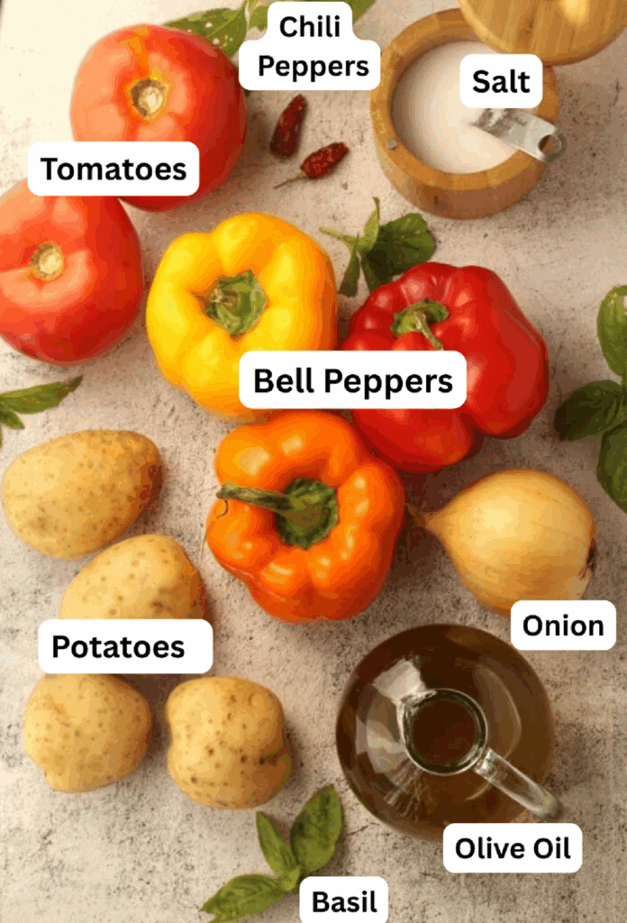 Peppers, tomatoes, potatoes, onion, salt, basil and olive oil.