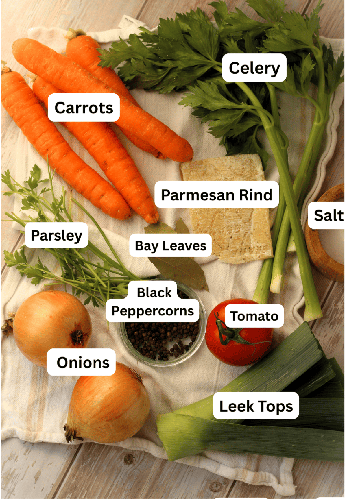 Carrots, onions, celery, tomato, herbs, salt and pepper.