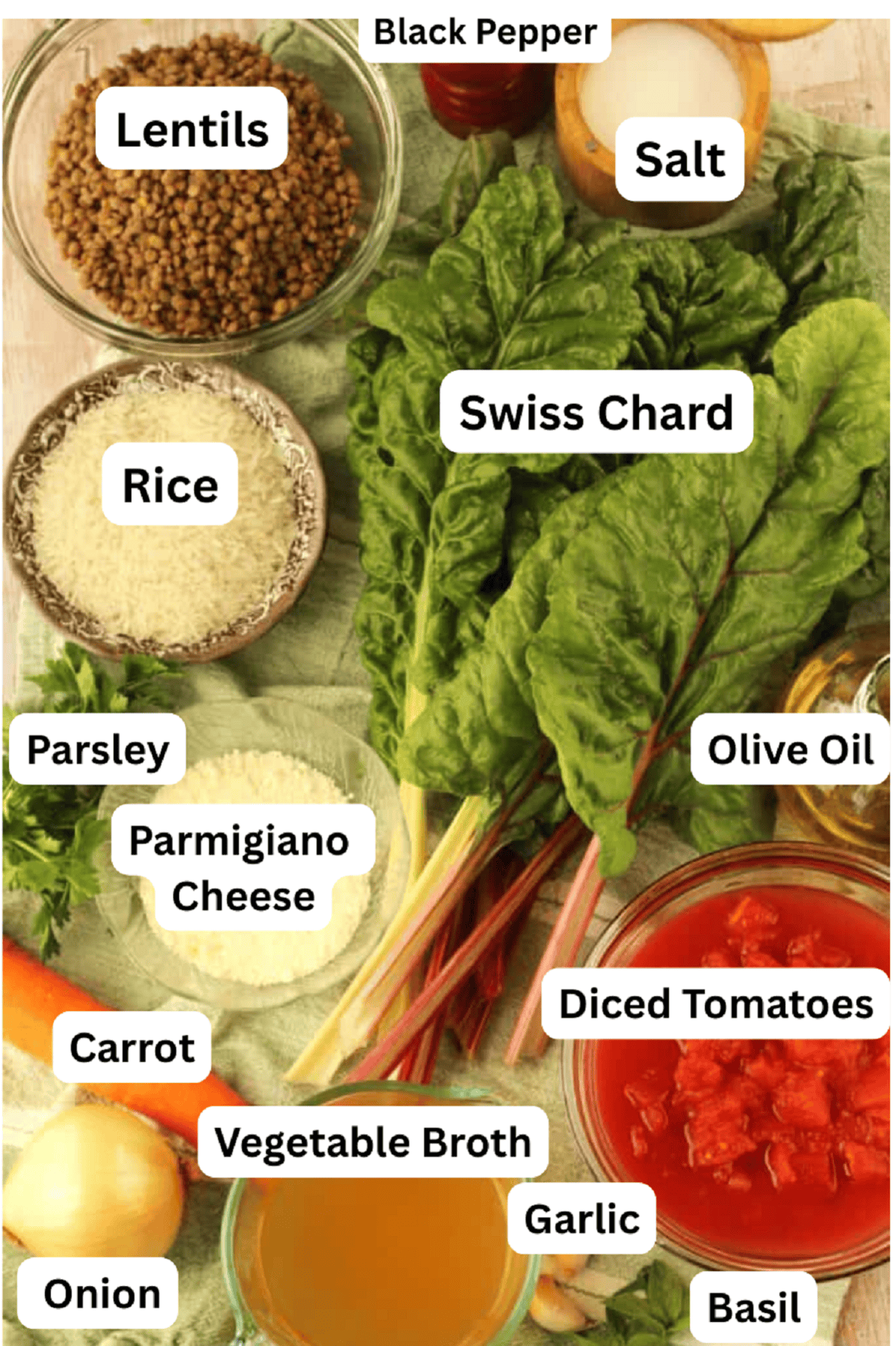 Ingredients for stuffed swiss chard leaves with lentils and rice.