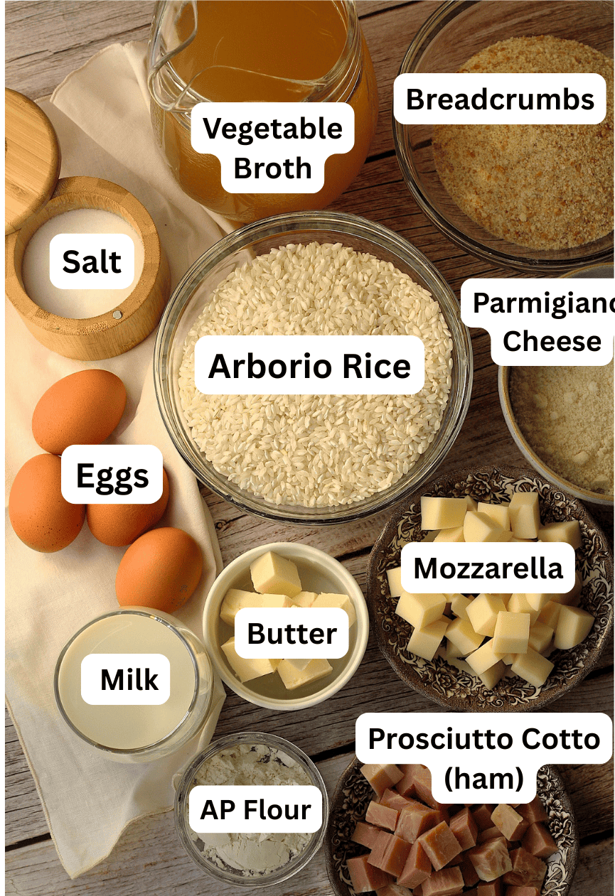 Ingredients for rice balls (arancini) with mozzarella and ham filling.