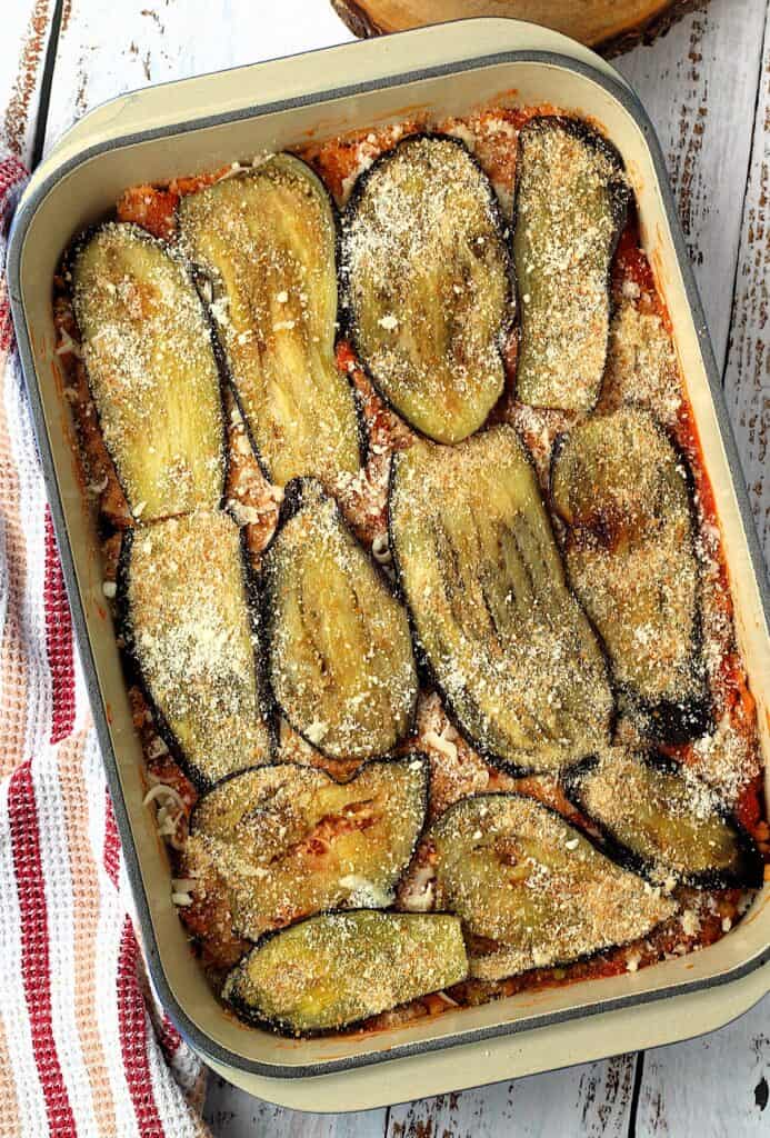 Layered rice and eggplant timbale casserole.