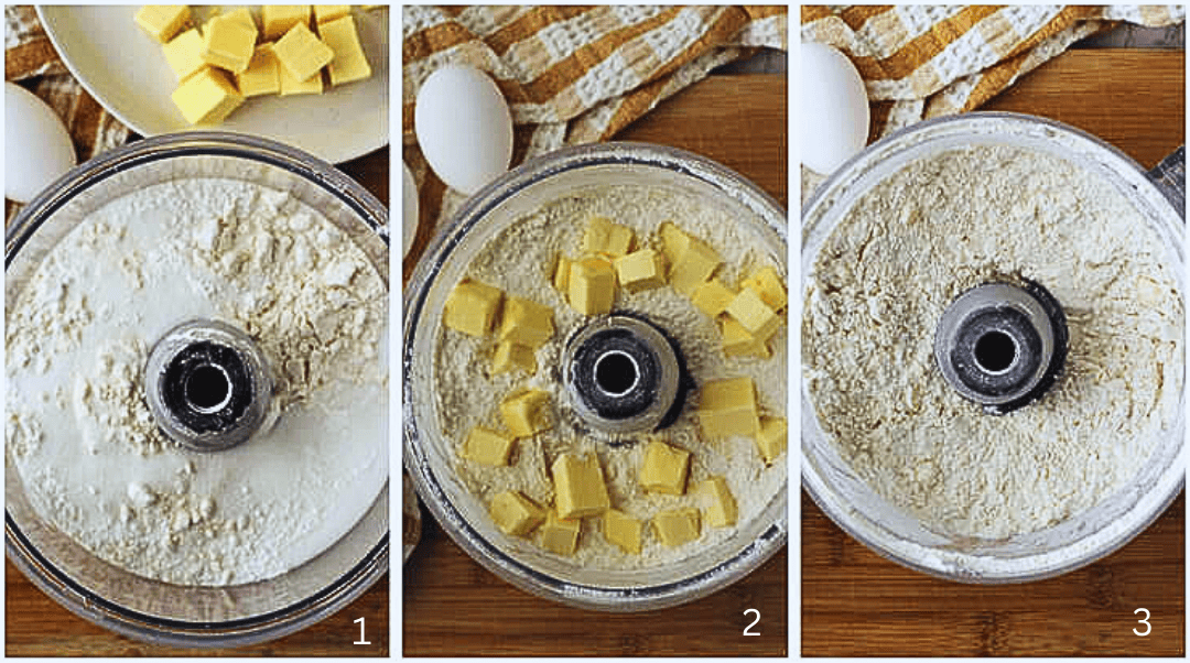 Mom's Sicilian Ricotta Pie Step by step process for making pie dough in food processor for Sicilian ricotta pie.