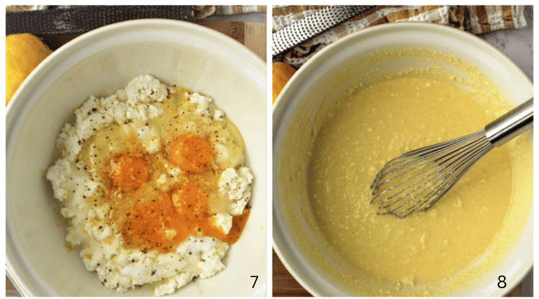 Mom's Sicilian Ricotta Pie Ingredients for ricotta pie filling in bowl whisked together.
