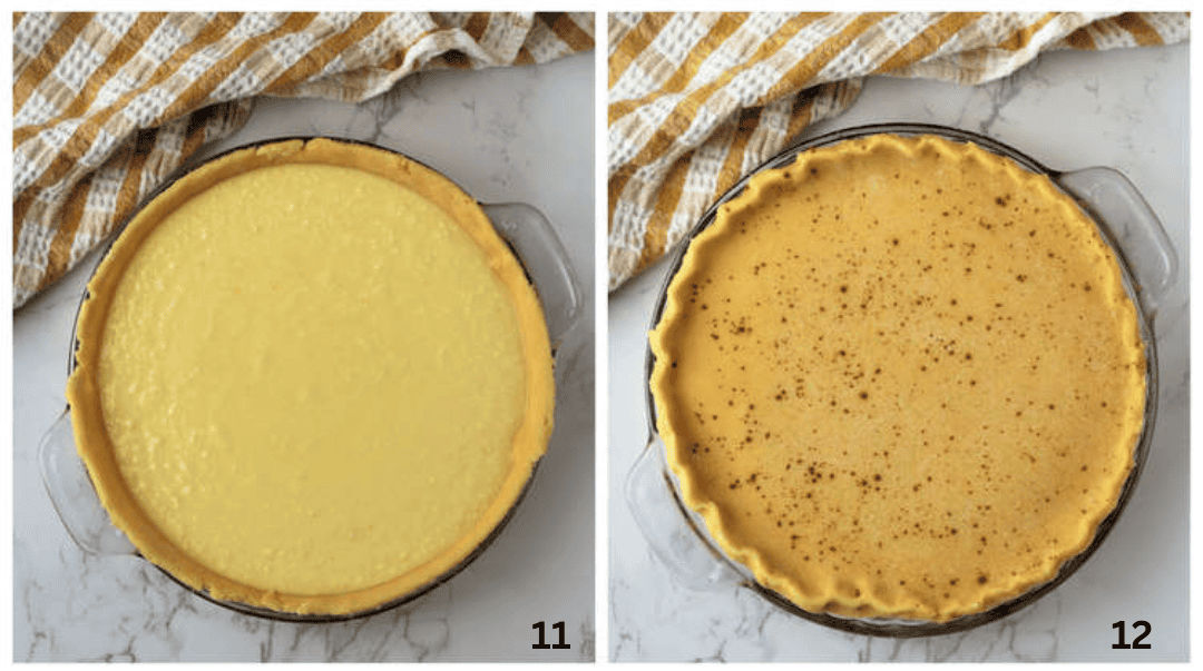 Mom's Sicilian Ricotta Pie Ricotta pie crust with filling and second image with pie dough covering the filling.