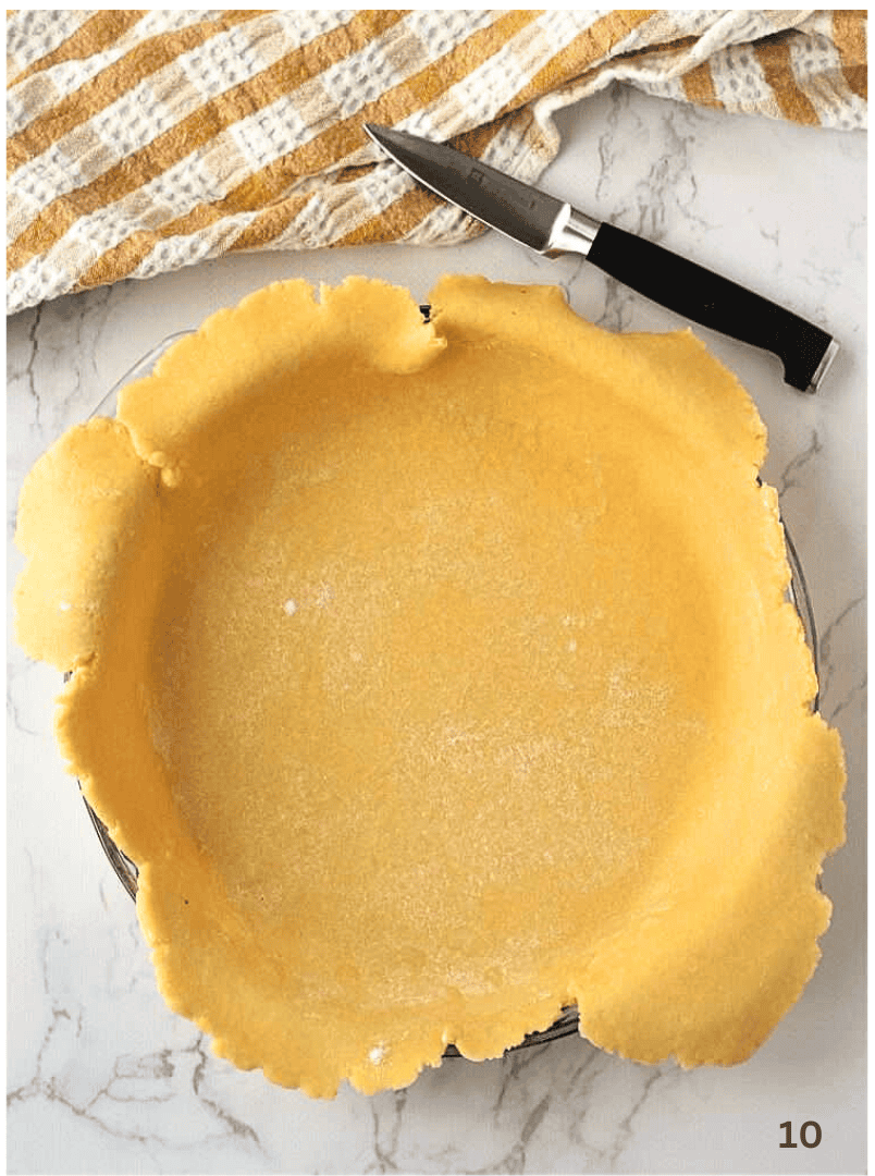 Mom's Sicilian Ricotta Pie Pie dough on pie plate with dough overhang.