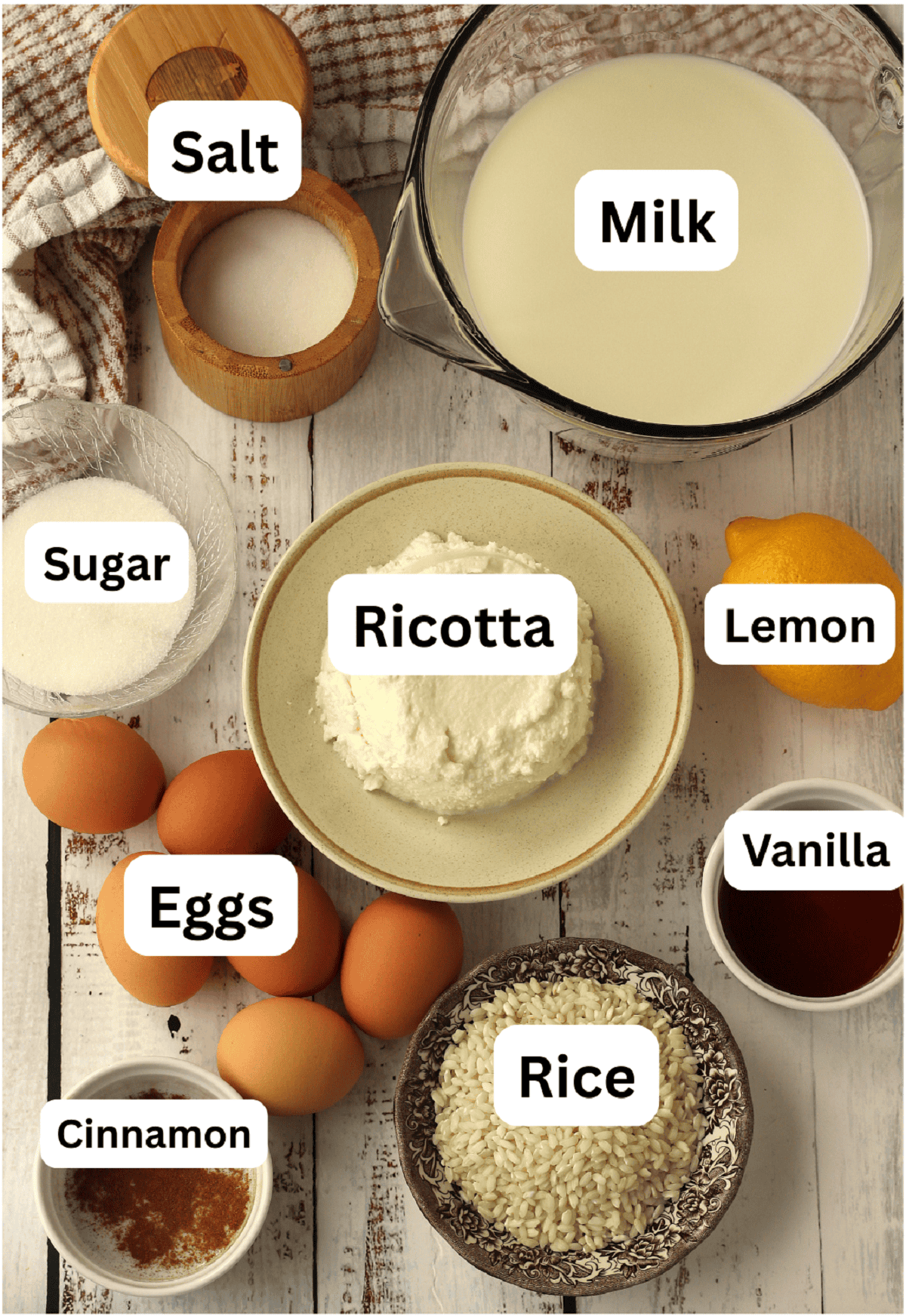 Ingredients for Easter pastiera cake with ricotta.