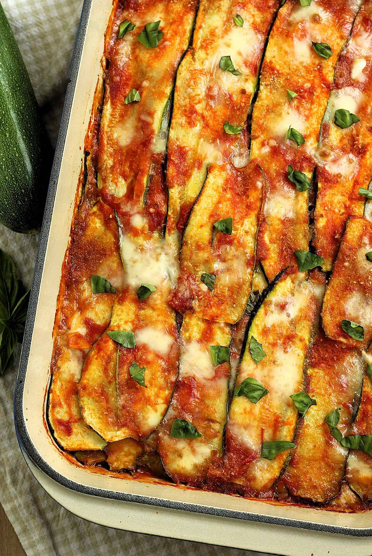 Sicilian zucchini parmigiana in casserole dish.