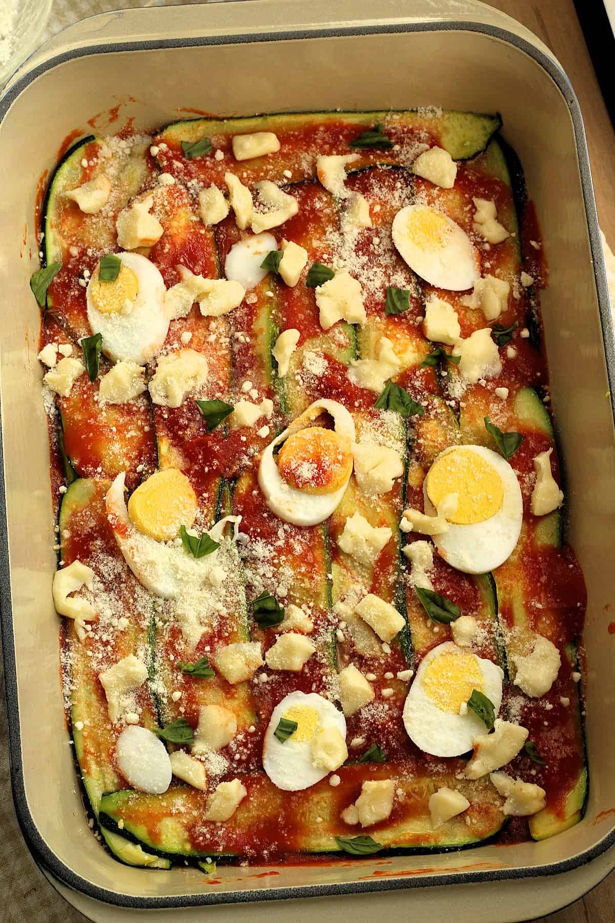 Zucchini parmigiana with hard boiled eggs.