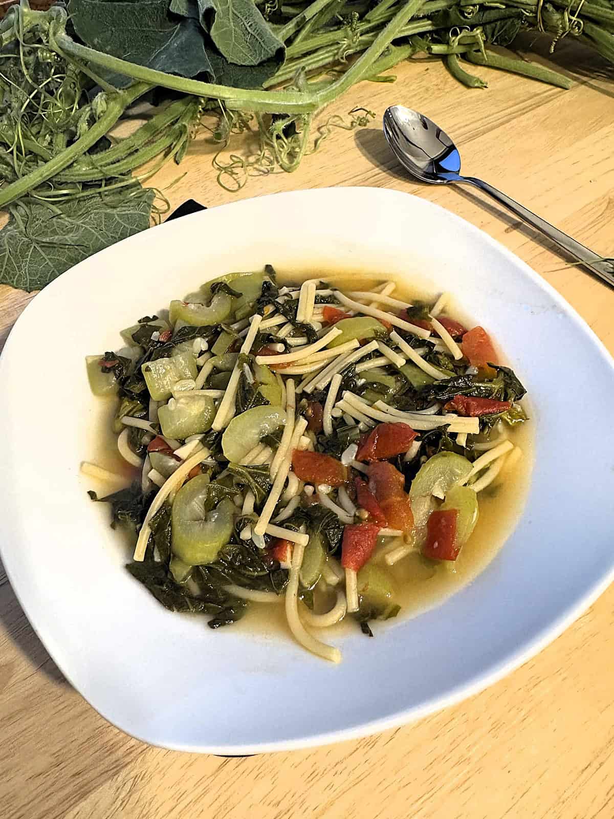 Sicilian tenerumi pasta with cucuzza in bowl with bunch of tenerumi and spoon.