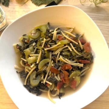 Sicilian pasta with tenerumi in bowl.