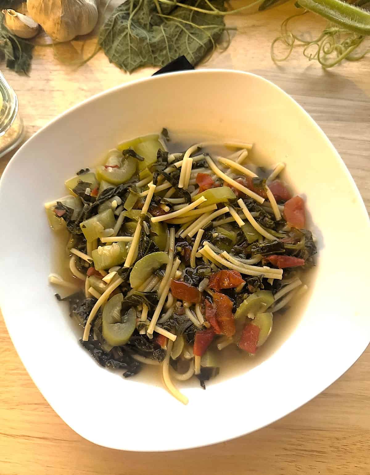 Sicilian pasta with tenerumi in bowl.