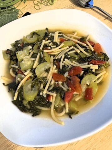 Pasta with tenerumi in bowl with spoon on side.
