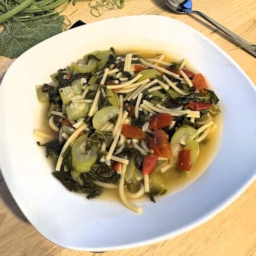 Pasta with tenerumi in bowl with spoon on side.