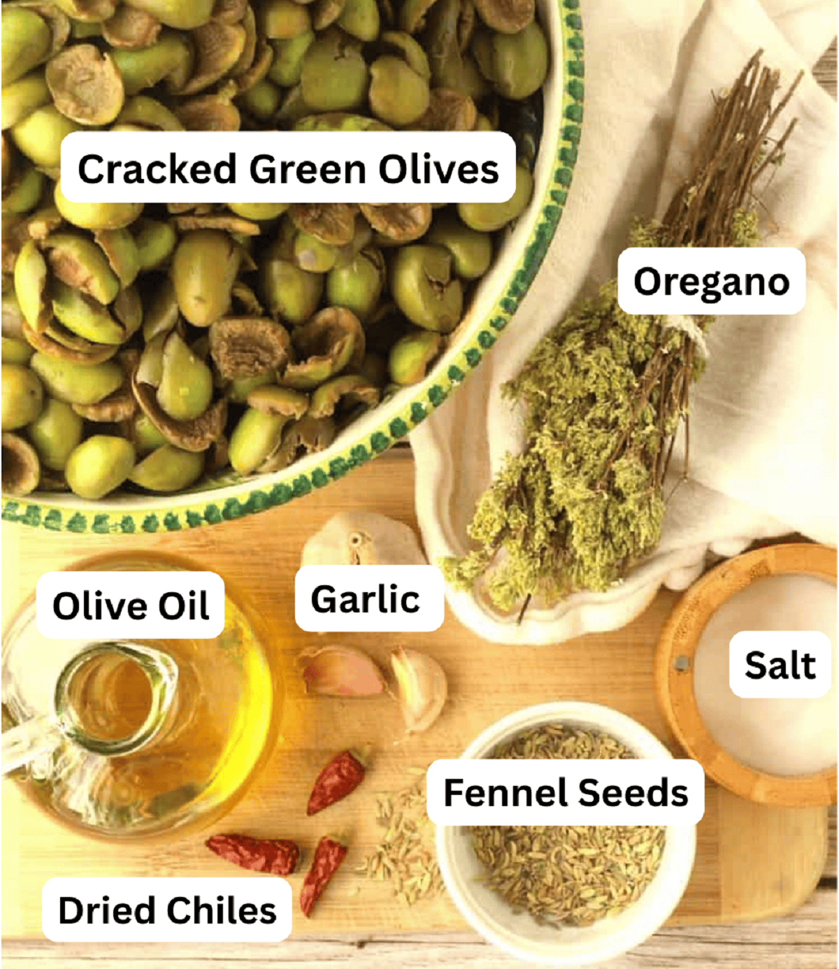 Cracked green olives, oregano, salt, fennel seeds, garlic, chiles, olive oil.