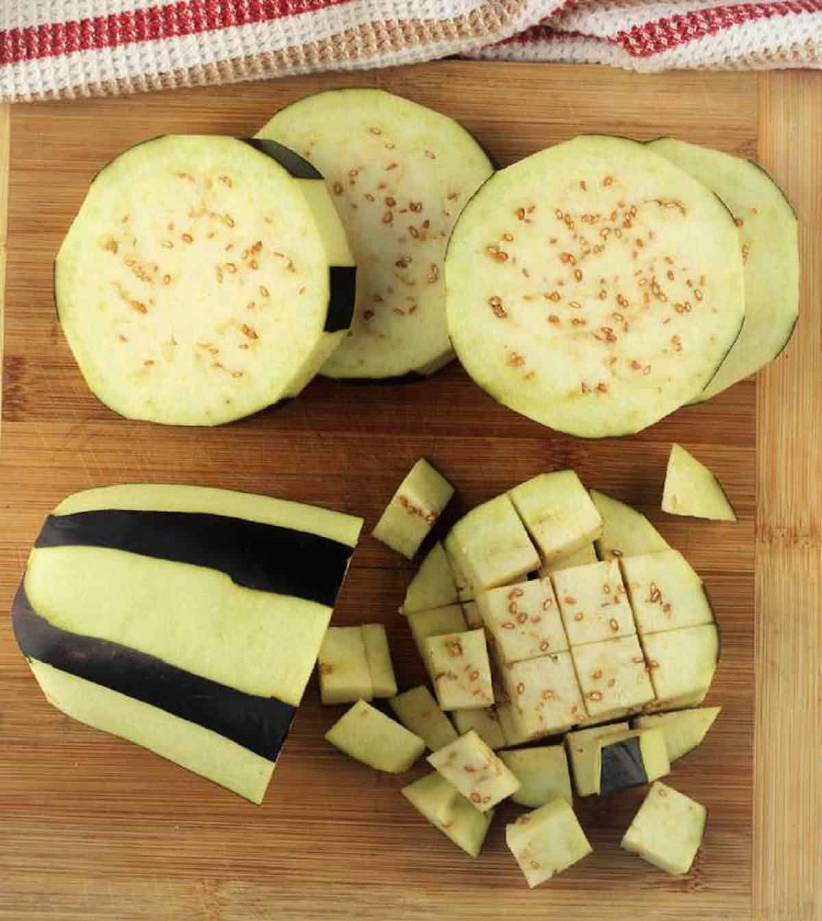 Eggplant cut into cubes for eggplant meatballs.