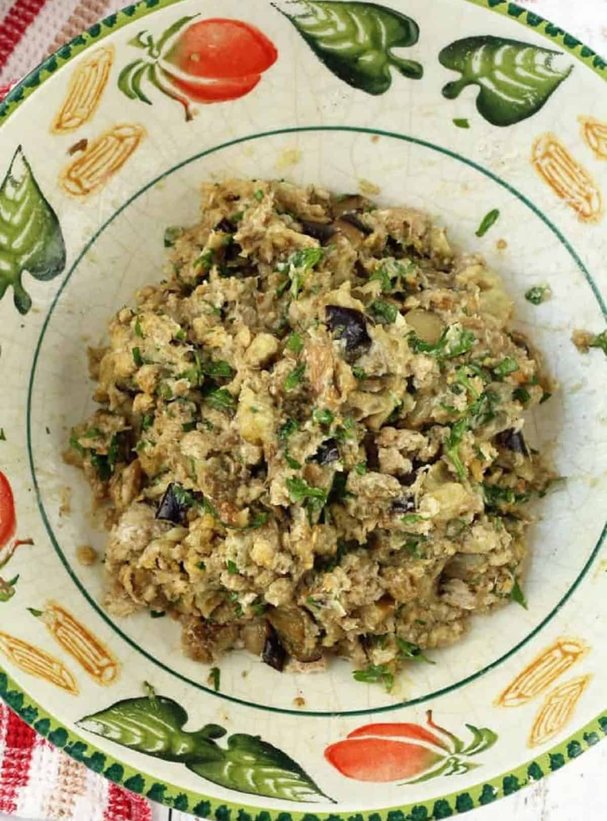 Eggplant meatball mixture in bowl.