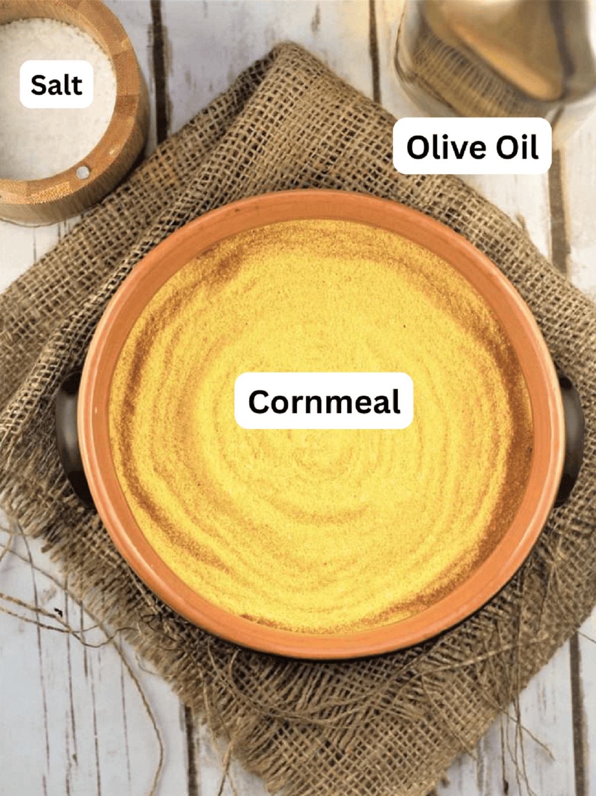 Easy Oven Baked Creamy Polenta Cornmeal flour, olive oil and salt for making polenta.