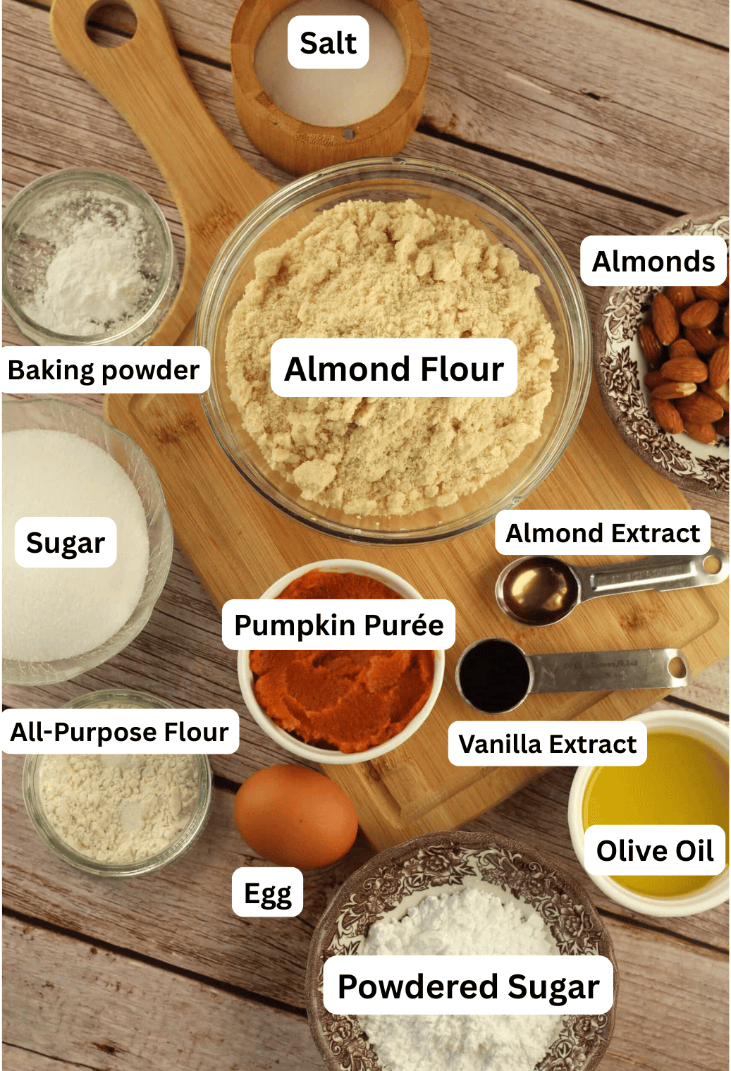 Almond flour, pumpkin purée, salt, almonds, olive oil, powdered sugar, egg, flour, sugar, baking powder, salt and extracts.
