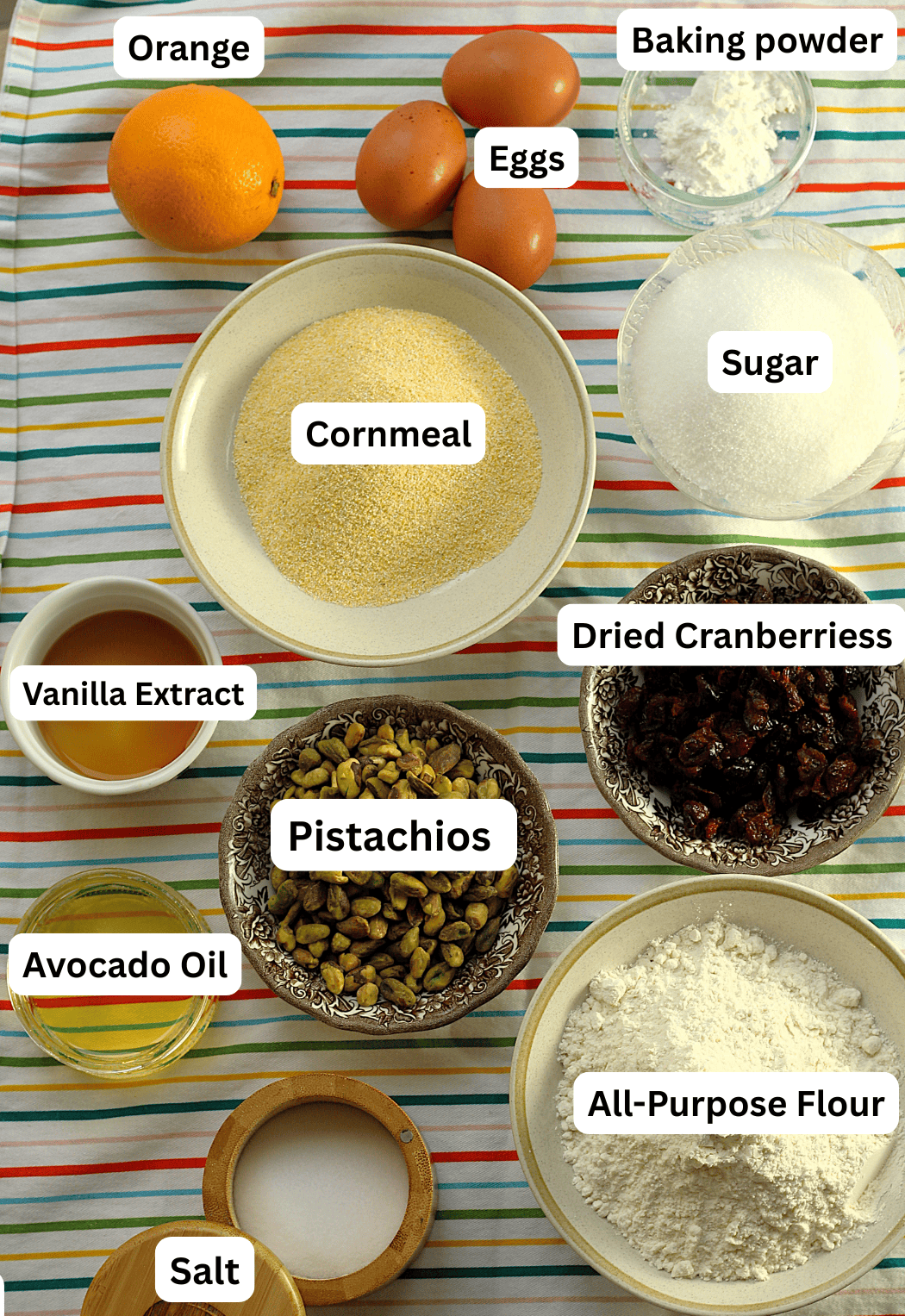 Cornmeal, flour, egg,s sugar, cranberries, pistachios, salt, oil vanilla, orange and baking powder.