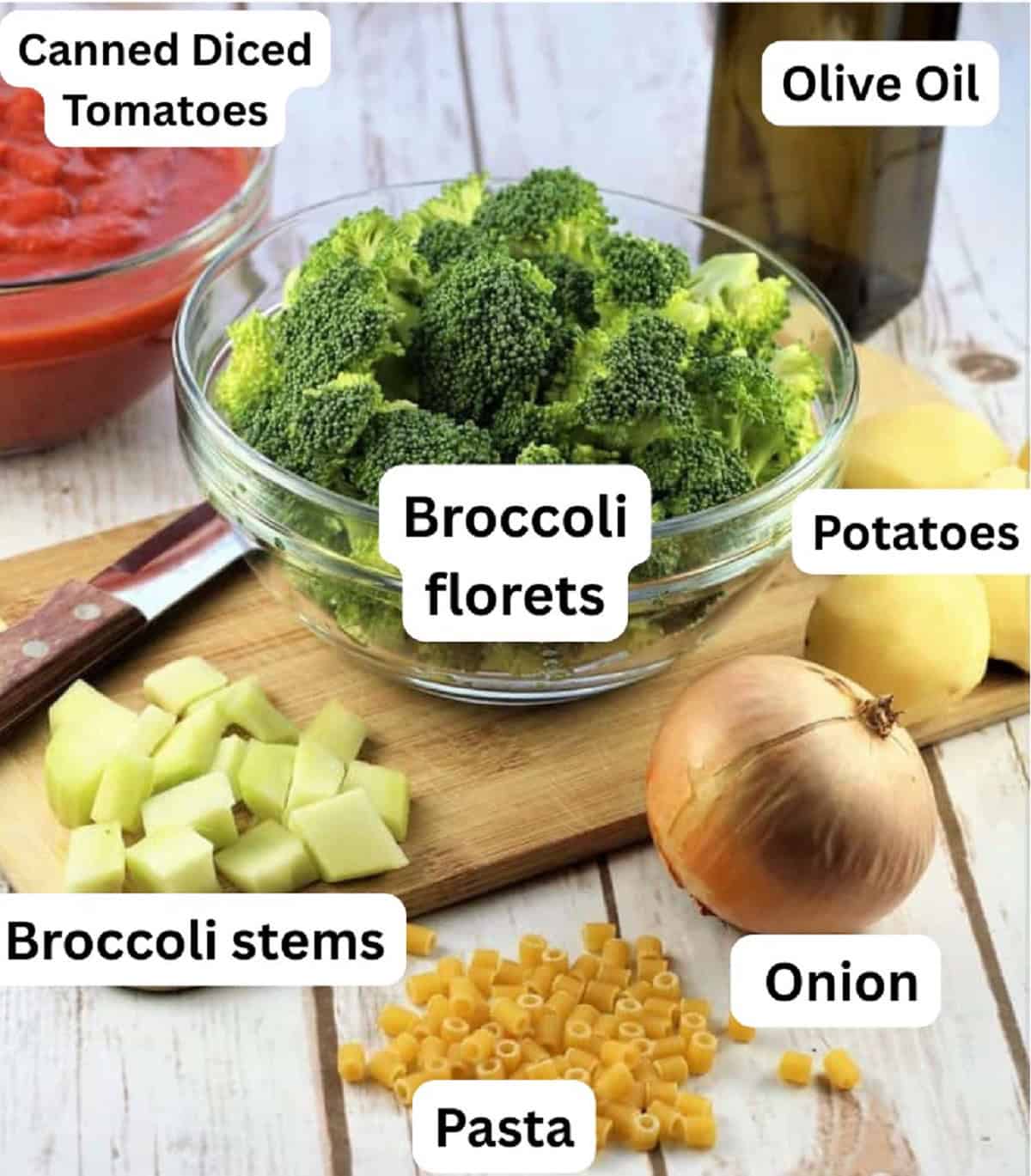 Broccoli and Potato Soup with Pasta Broccoli florets and stems, potatoes, onion, pasta, diced tomatoes, olive oil.