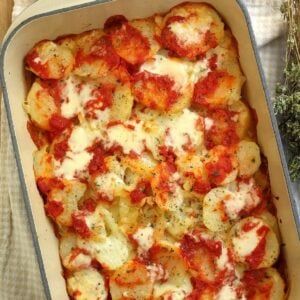 Patate alla pizzaiola casserole in casserole dish.