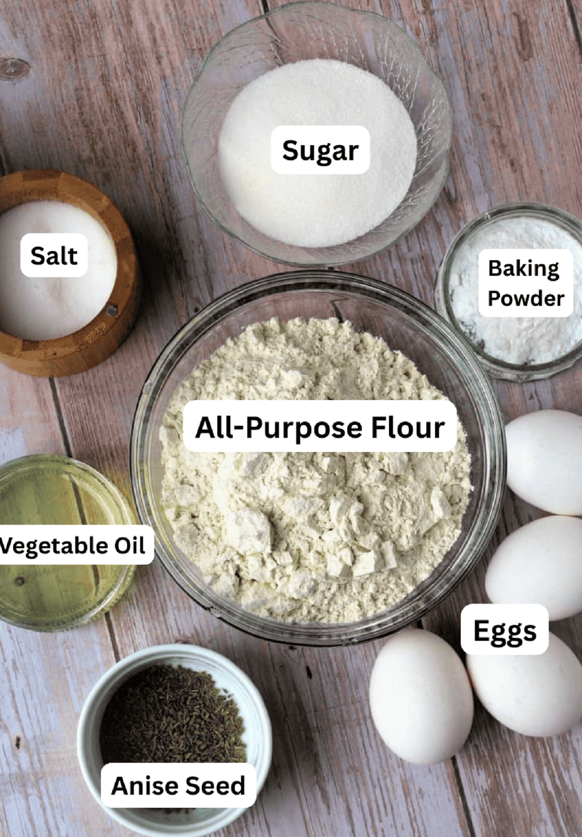 Flour, eggs, sugar, anise seed, vegetable oil, salt and baking powder.