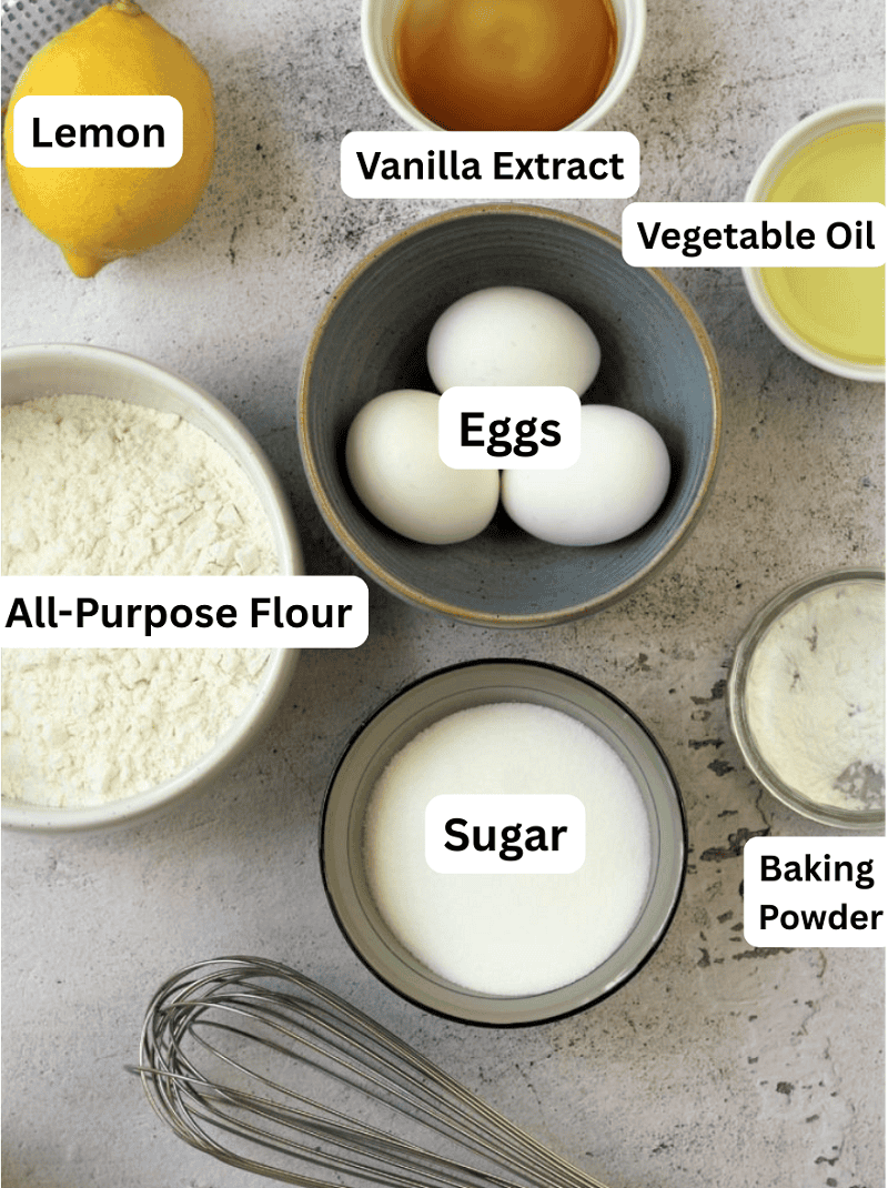 Flour, lemon, vanilla, vegetabl oil, eggs, sugar and baking powder.