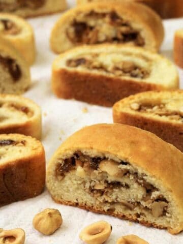 Nut and jam filled rolled cookies.